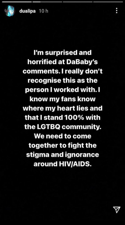 dua-lipa-instagram-story-statement-dababy-rolling-loud-miami-homophobic-comments
